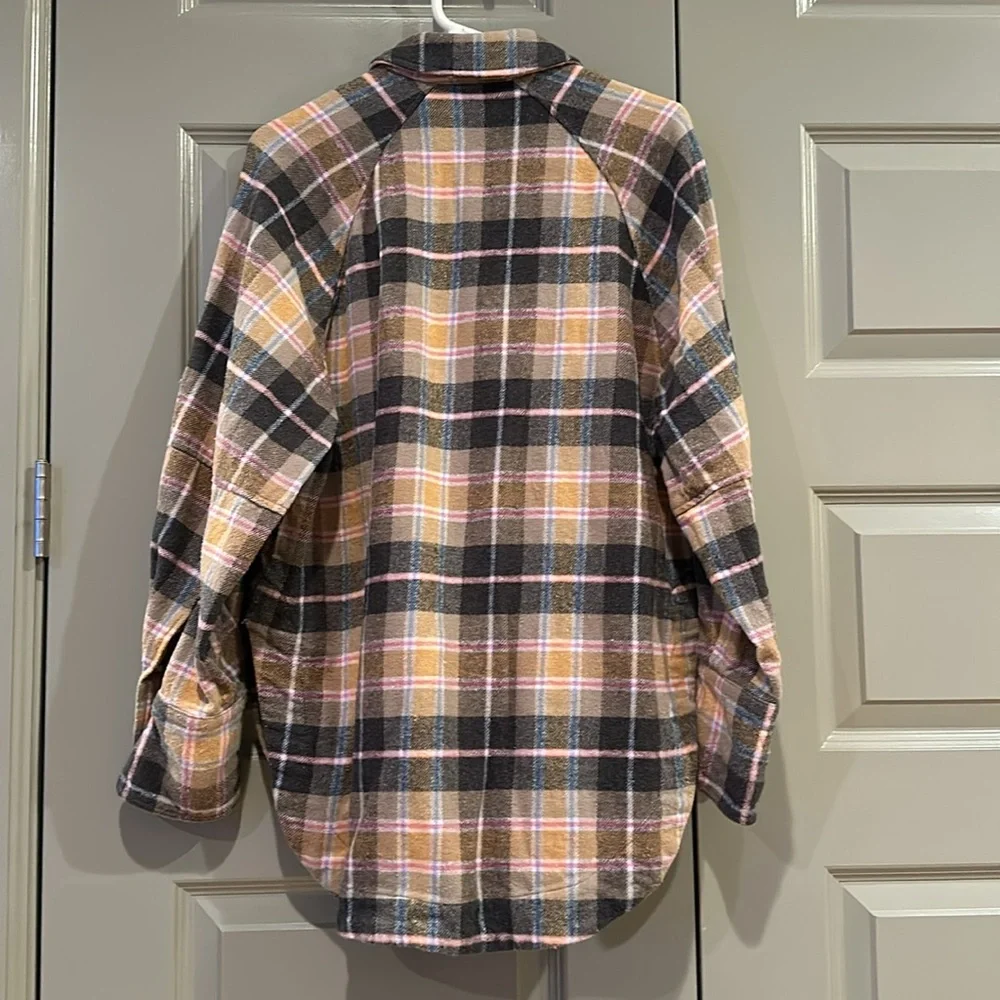 Zara Oversized Plaid Shacket Overshirt Flannel Jacket Tan Pink Navy - Picture 7 of 8
